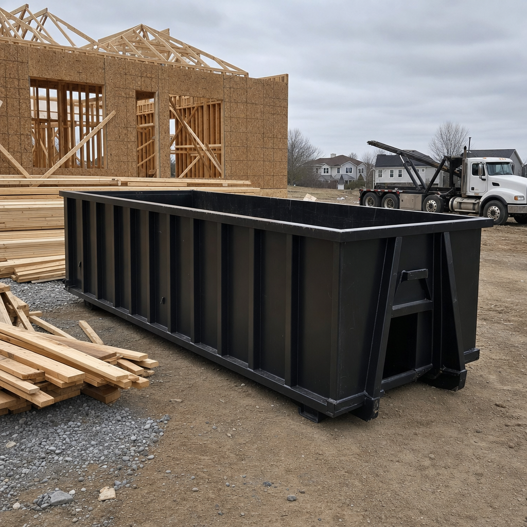Matte-black 40-yard roll-off dumpster staged on a framed-out residential construction site in Simi Valley, framing lumber stacked nearby, hooklift delivery truck visible in the background under bright Colorado daylight
