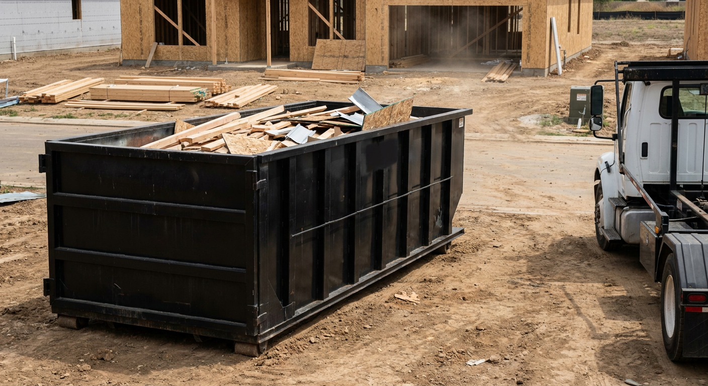 Matte-black 20-yard roll-off construction dumpster with heavy ribbed steel sidewalls and swing rear doors at a working jobsite in Simi Valley, sitting directly on compacted dirt with an unmarked white hauler partially visible at the far edge of the frame.