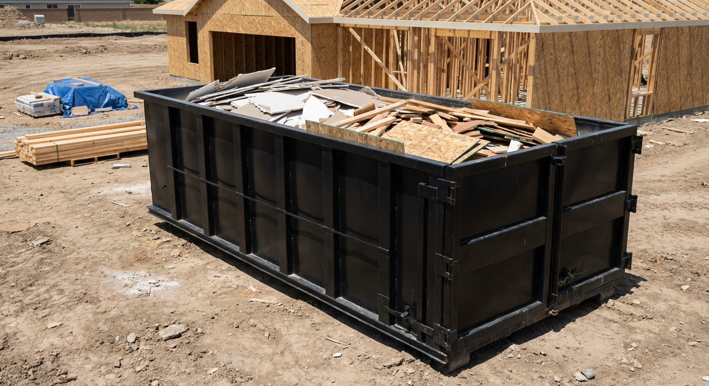 Matte-black 30-yard roll-off construction dumpster sitting directly on the compacted-dirt site of a framed single-family home build in Simi Valley, drywall and lumber scrap loaded inside.