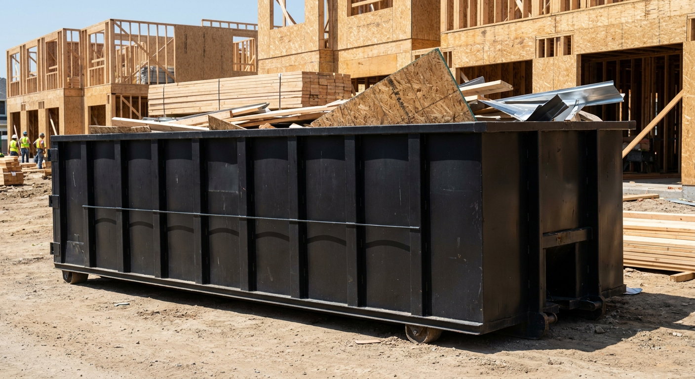 Matte-black 40-yard roll-off construction dumpster being lowered from a white-cab hooklift delivery truck onto the compacted-dirt jobsite at a commercial build site in Simi Valley