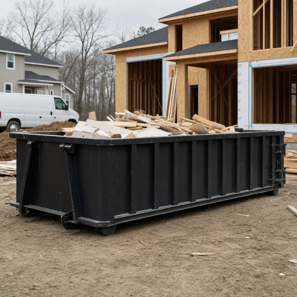 Worker in a yellow high-visibility vest tossing framing lumber and broken drywall into a matte-black 30-yard construction roll-off dumpster on an active build site in Simi Valley, bright daylight