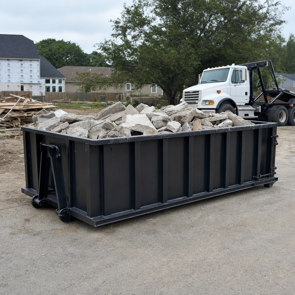 Low-profile matte-black lowboy roll-off dumpster loaded with broken concrete slab and rebar at a foundation tear-out in Simi Valley, skid steer parked beside it, sunny Colorado morning
