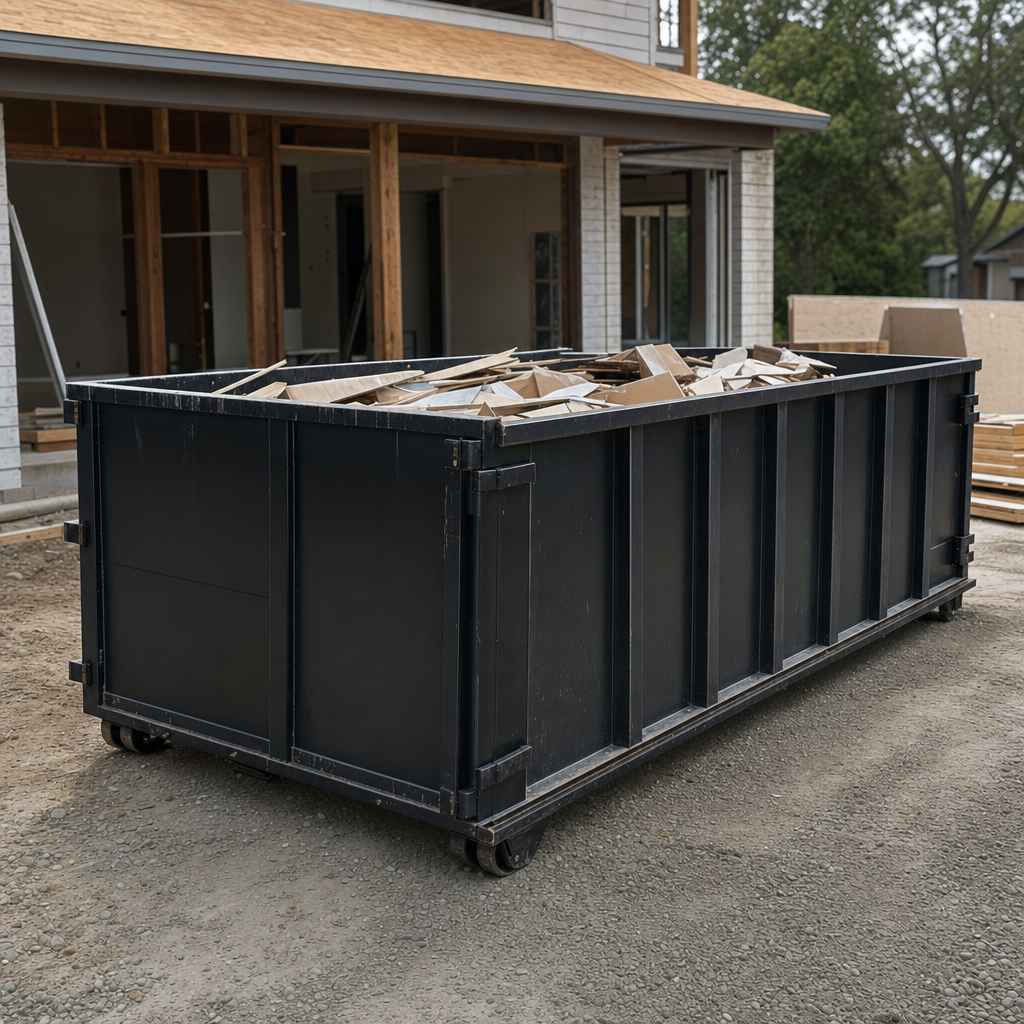Large matte-black 30-yard construction roll-off dumpster at an active Simi Valley jobsite, steel-gray top rails and bottom rollers visible, loaded with construction debris.