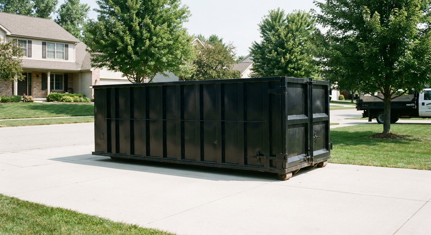 Matte-black 20-yard roll-off dumpster sitting level on a clean Simi Valley residential concrete driveway under bright daylight, demonstrating clean placement directly on the concrete.