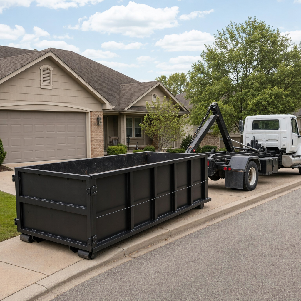 Wide documentary shot of a matte-black roll-off dumpster on a Simi Valley residential driveway in the foreground and a contractor jobsite container in the soft-focus background, bright daylight, calm and orderly composition.