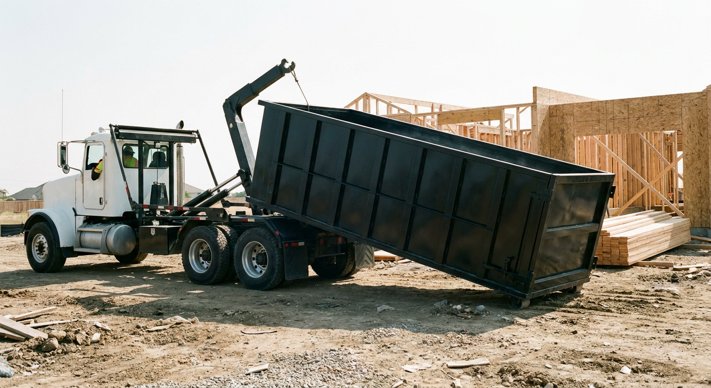 Matte-black roll-off dumpster being delivered onto a clean residential concrete driveway in Simi Valley by an unmarked white hooklift hauler truck, bright morning daylight, documentary 35mm perspective.