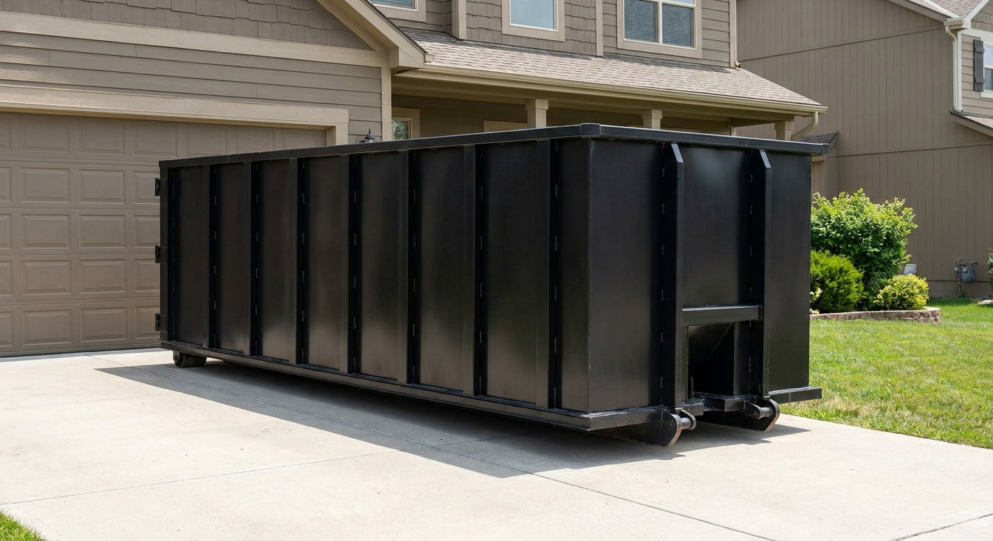 Matte-black residential roll-off dumpster sitting directly on a suburban Simi Valley concrete driveway, garage door closed, single-family home in background, bright morning daylight.
