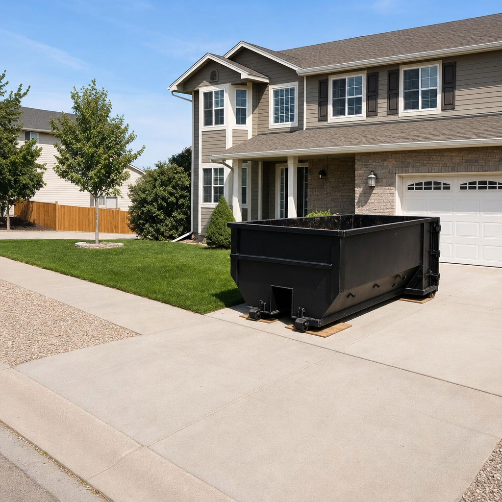 10-yard matte-black residential dumpster placed directly on a narrow Simi Valley concrete driveway, room remains for a parked sedan beside it, mid-morning natural light