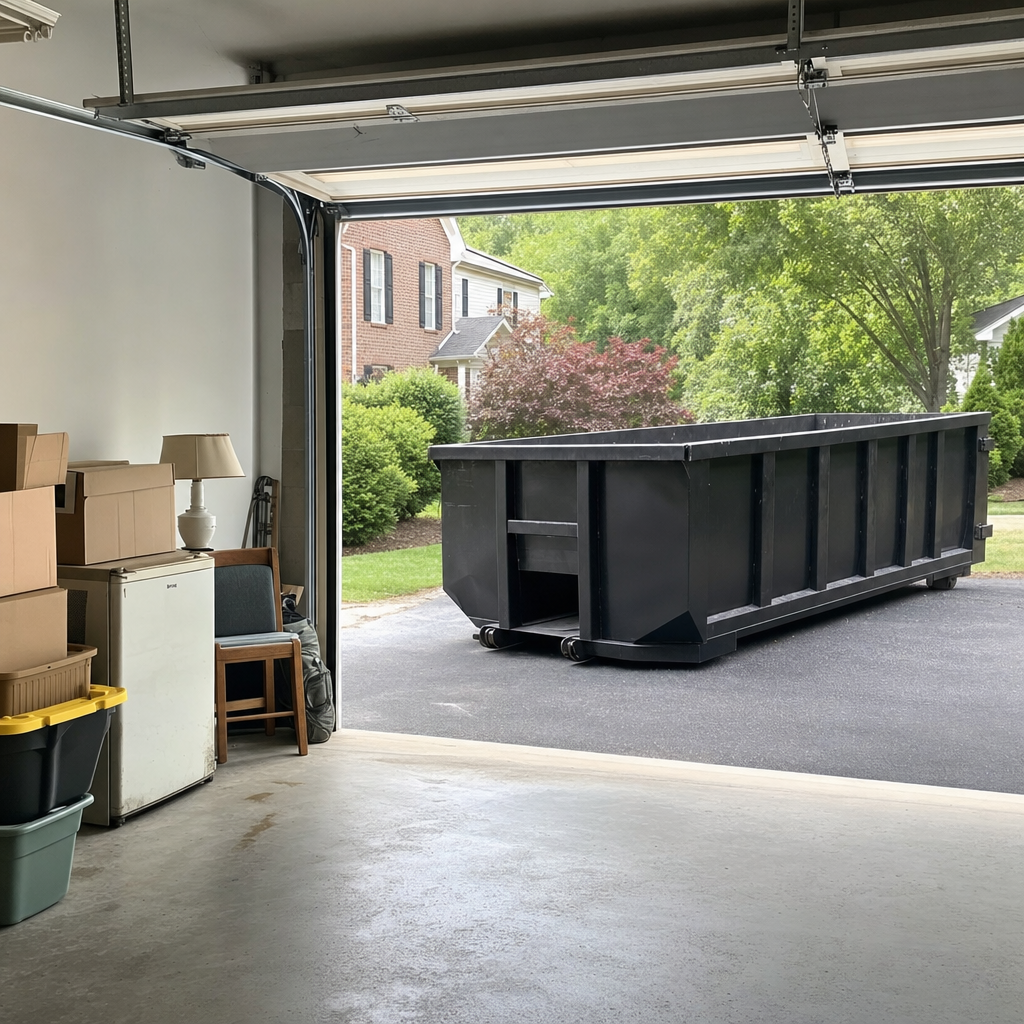 Open garage interior in a Simi Valley home mid-cleanout — boxed items, an old appliance, and stacked yard tools queued near the driveway for a matte-black roll-off dumpster, organized and calm