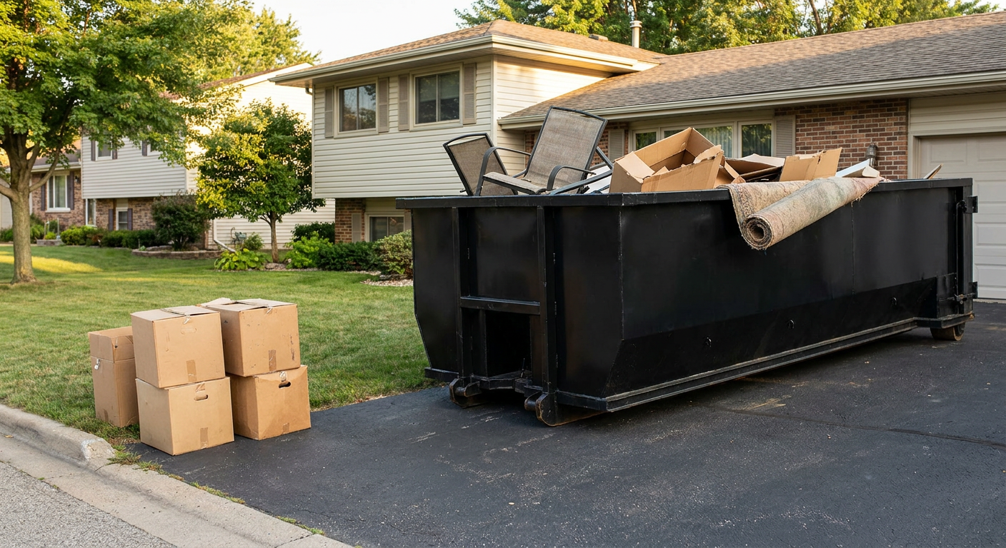 Front-yard view of a Simi Valley split-level home with a 20-yard matte-black roll-off dumpster sitting directly on the asphalt driveway, a few clearly labeled donation boxes staged at the curb, calm sunny afternoon.