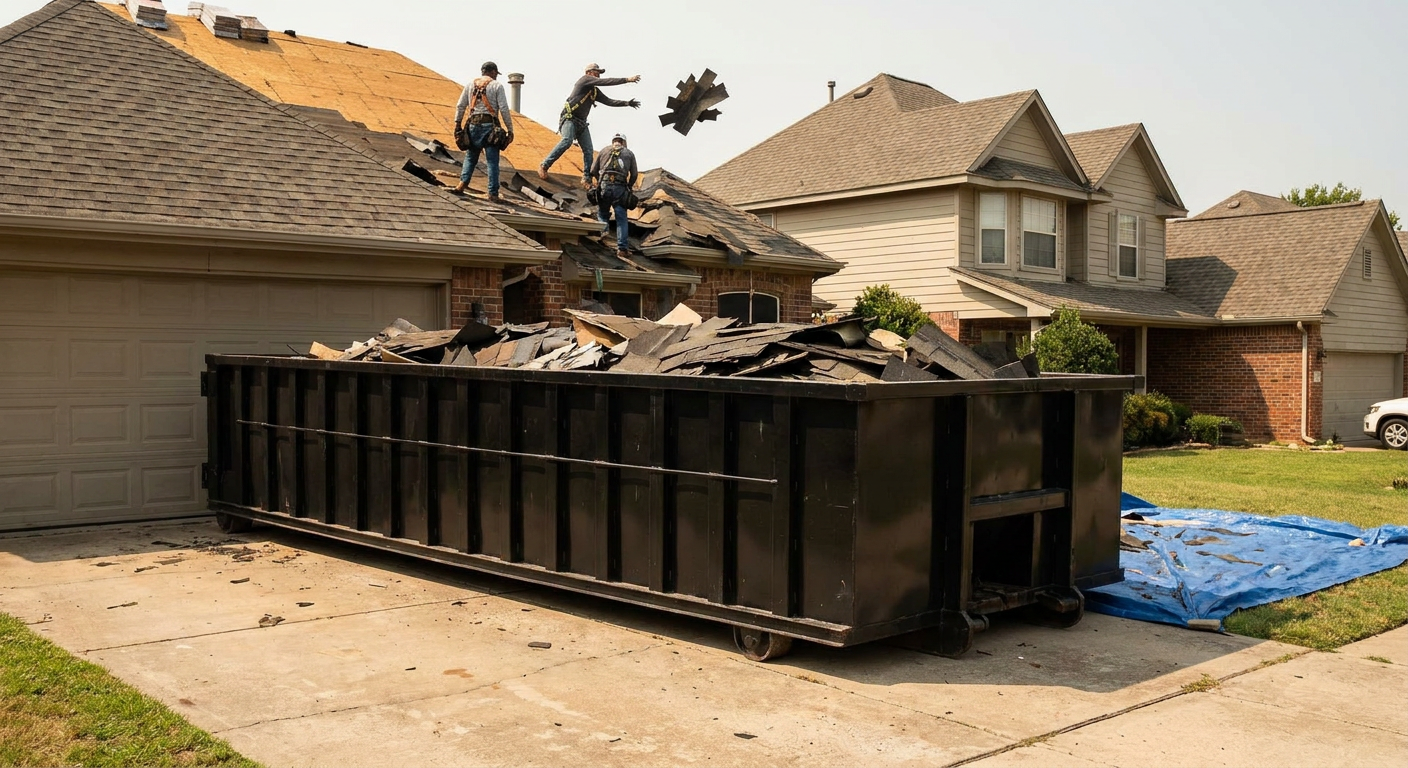 Matte-black roofing roll-off dumpster placed directly on a Simi Valley residential concrete driveway, a tear-off crew on a two-story asphalt-shingle roof tossing shingle bundles into the low-walled container, bright daylight, documentary 35mm perspective.