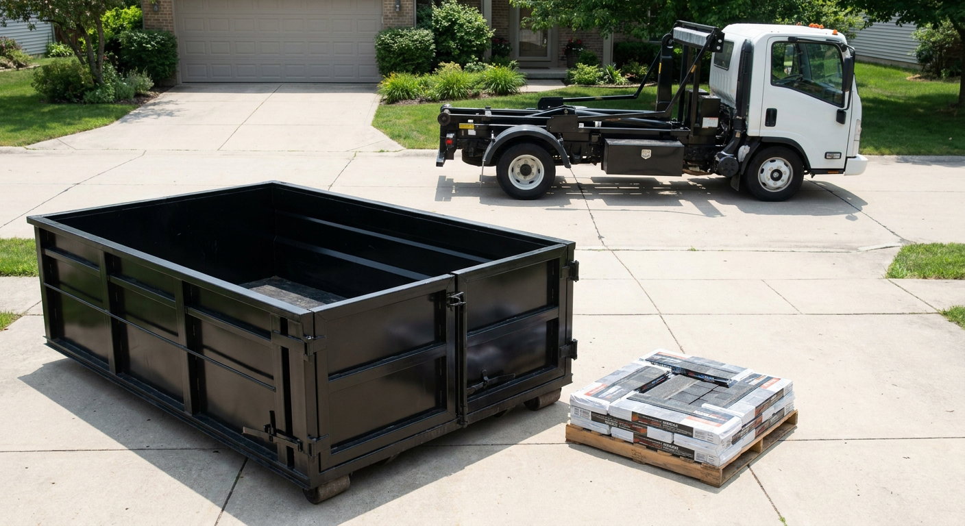 Matte-black 15-yard roofing roll-off dumpster with reinforced low side walls sitting directly on a Simi Valley residential concrete driveway, three-tab asphalt shingle bundles stacked nearby, an unmarked white hauler truck partially visible at the edge of the frame.
