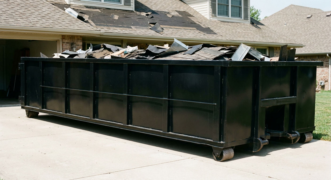Matte-black 20-yard roofing roll-off dumpster with steel ribbed sides and swinging rear door, sitting directly on the concrete driveway of a two-story Simi Valley home, asphalt shingle debris being loaded over the low wall, clean documentary lighting.