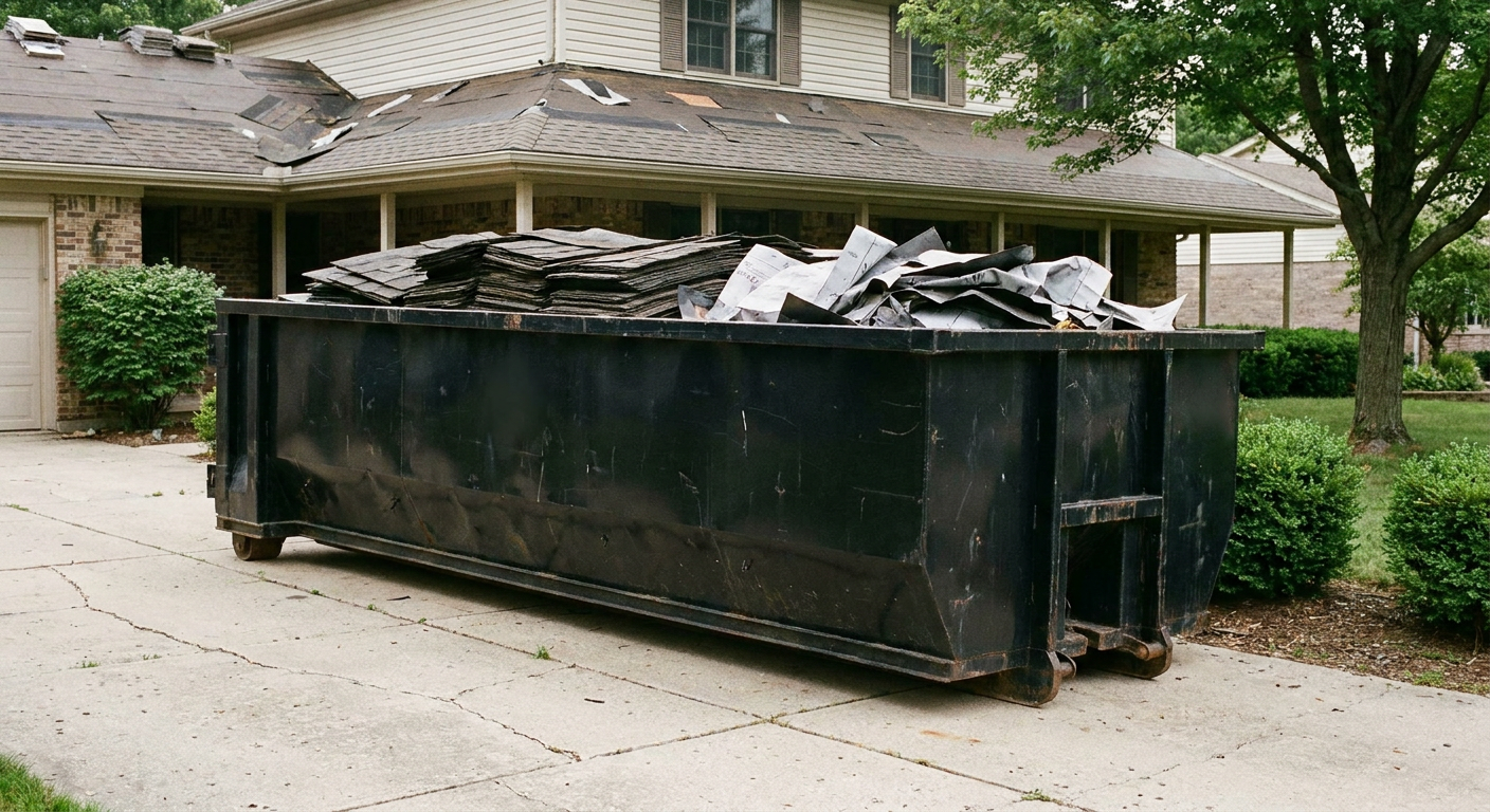Matte-black 30-yard roofing roll-off dumpster sitting directly on a Simi Valley concrete driveway, taller ribbed steel side panels, mixed tear-off debris of asphalt shingles and underlayment inside, professional documentary daylight.