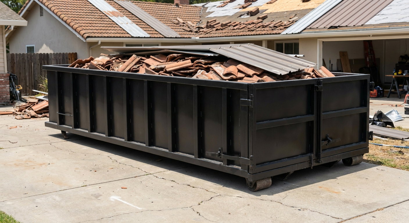 Matte-black low-wall heavy-debris roofing roll-off dumpster sitting directly on a Simi Valley concrete driveway, broken concrete clay roof tiles and metal panel sections loaded inside, reinforced ribbed steel side walls visible, bright outdoor daylight.