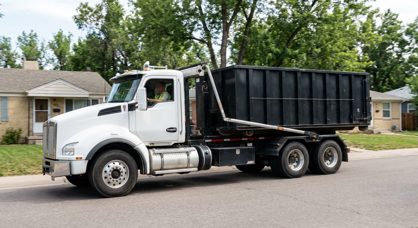 A wide documentary shot of a matte-black roll-off delivery truck pulling onto a quiet Simi Valley residential street at mid-morning, with neighborhood rooftops and tree-lined blocks visible behind, showing the metro coverage footprint.