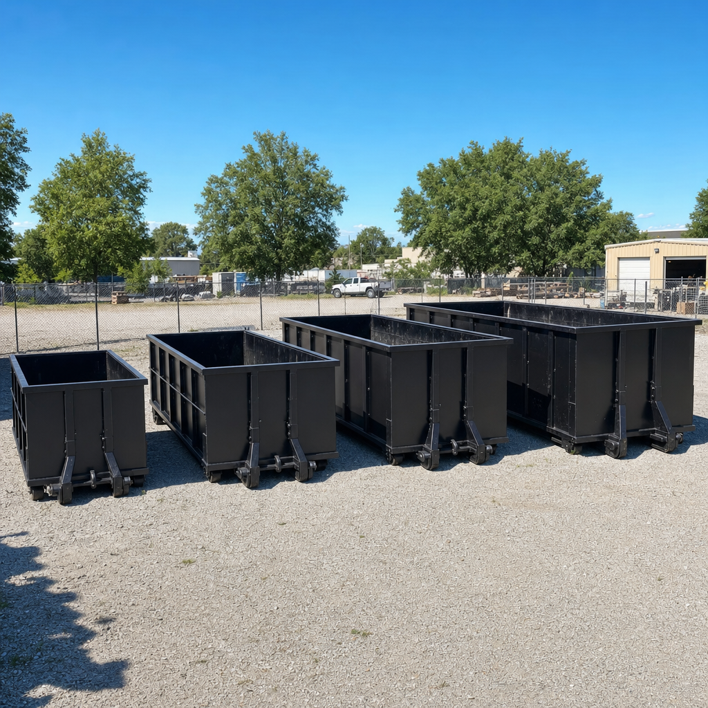 A clean lineup of matte-black roll-off dumpsters in 10, 20, 30, and 40-yard sizes staged on a sunlit gravel yard in Simi Valley, showing the size progression from compact to commercial-scale containers.