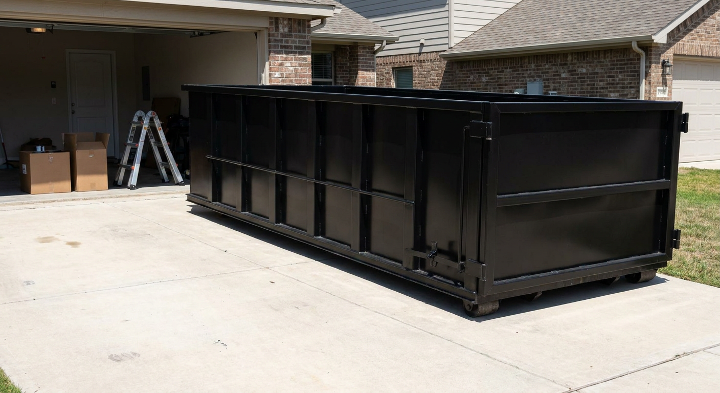 A matte-black 10-yard roll-off dumpster sitting directly on a residential Simi Valley concrete driveway, mid-day sunlight, clean and ready for a garage cleanout.