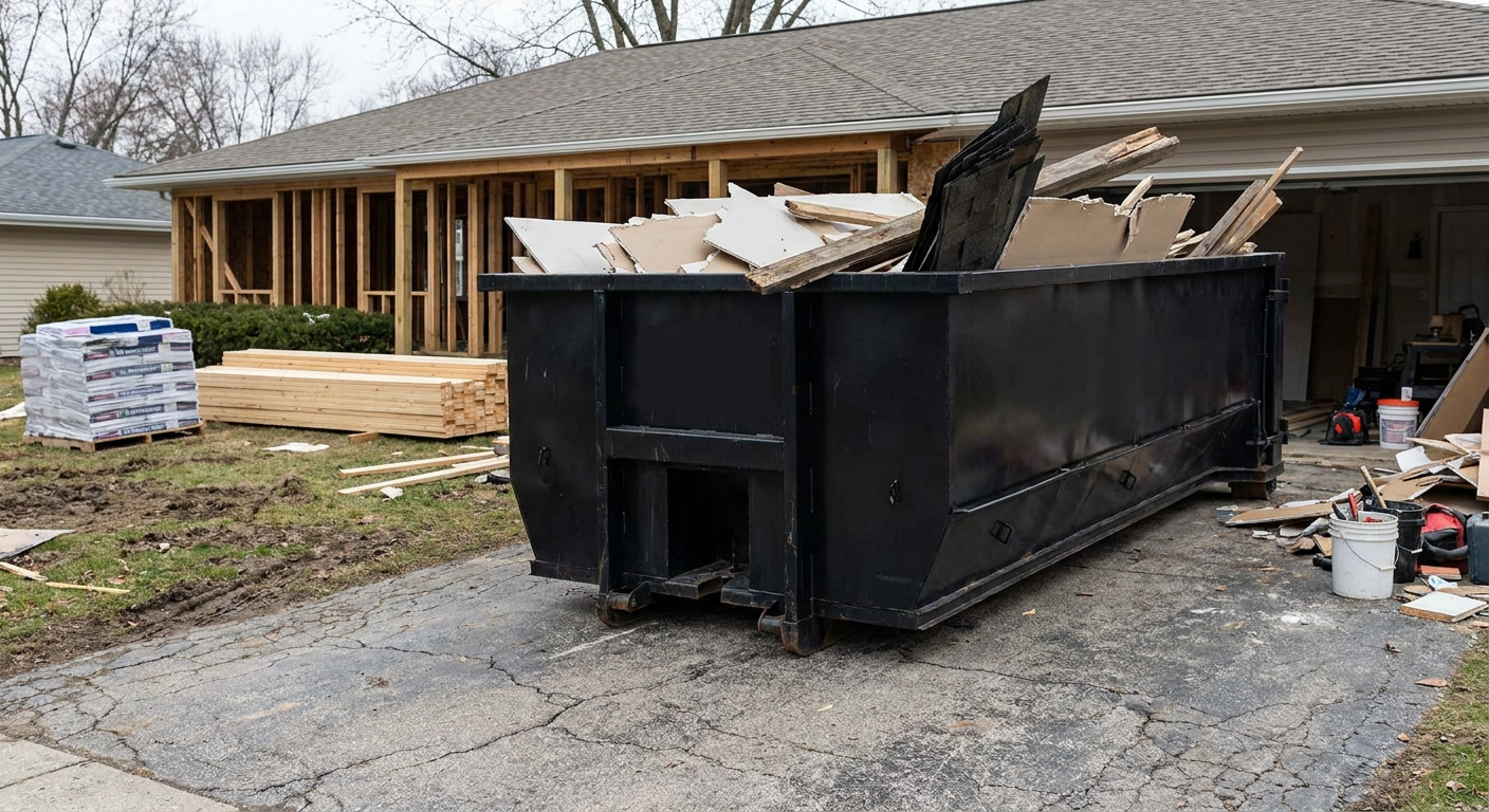 A matte-black 20-yard roll-off dumpster placed alongside a mid-renovation Simi Valley home directly on the asphalt driveway, with framing materials and torn-off shingles staged neatly nearby.