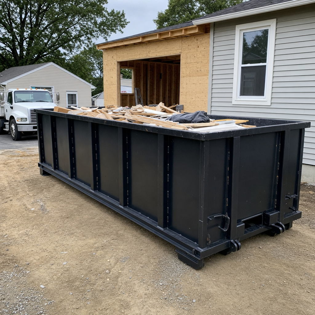 A matte-black 30-yard roll-off dumpster positioned at a Simi Valley residential addition jobsite, with framing lumber and drywall scraps loaded through the open swinging rear doors.