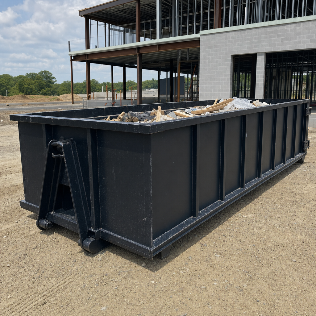 A matte-black 40-yard roll-off dumpster staged on a large Simi Valley commercial construction lot, with a hooklift delivery truck parked alongside under bright midday sky.
