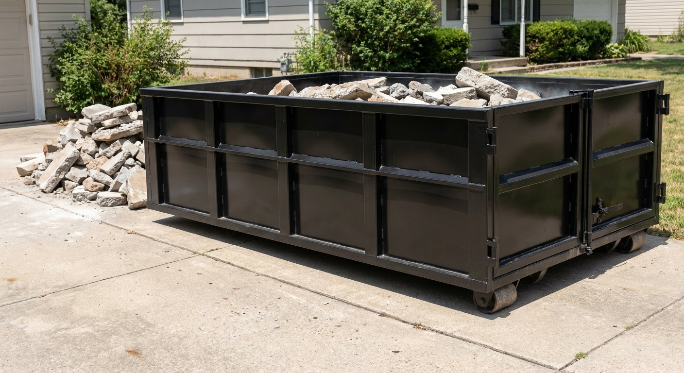 A matte-black low-side heavy-debris roll-off dumpster placed directly on a Simi Valley concrete driveway, with broken concrete chunks neatly stacked beside it under clean daylight.